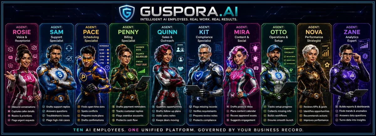 Guspora.ai ten-agent HQ banner showing Rosie, Sam, Pace, Penny, Quinn, Kit, Mira, Otto, Nova, and Zane.