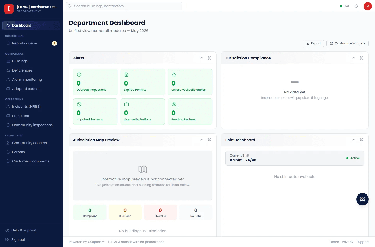 Guspora compliance engine screenshot showing AHJ and compliance review surfaces
