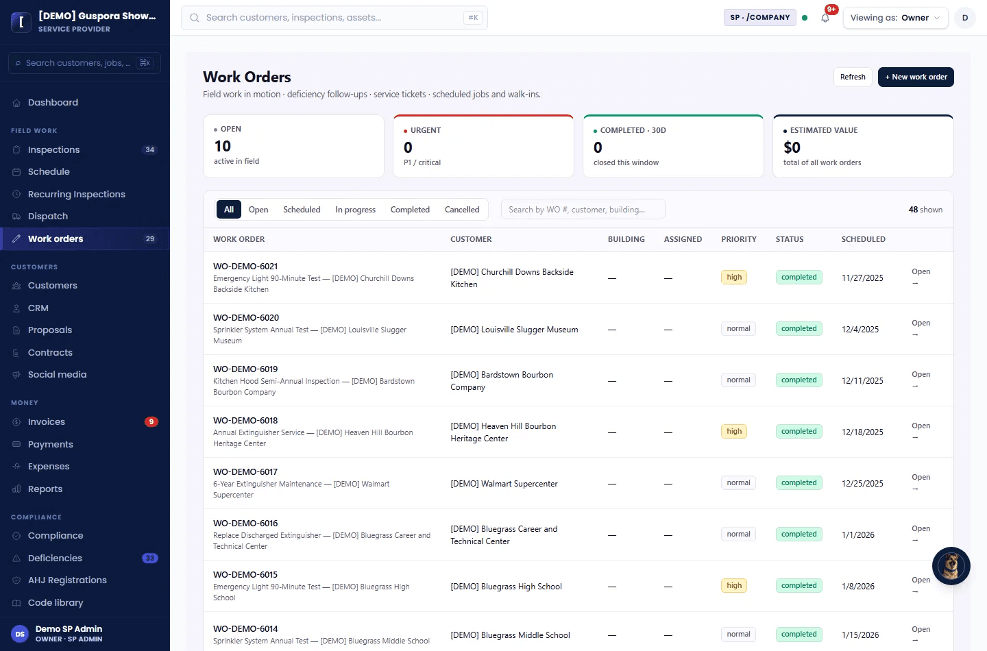Guspora service work screenshot showing work orders and service status columns