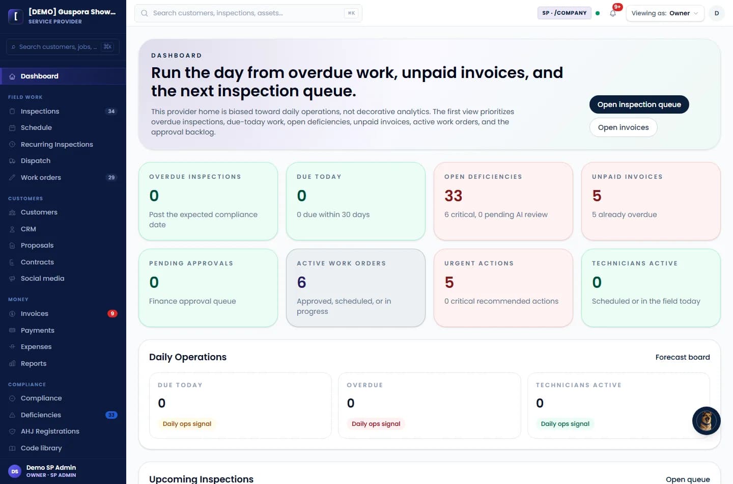 Guspora command dashboard showing operational stats and workspace navigation