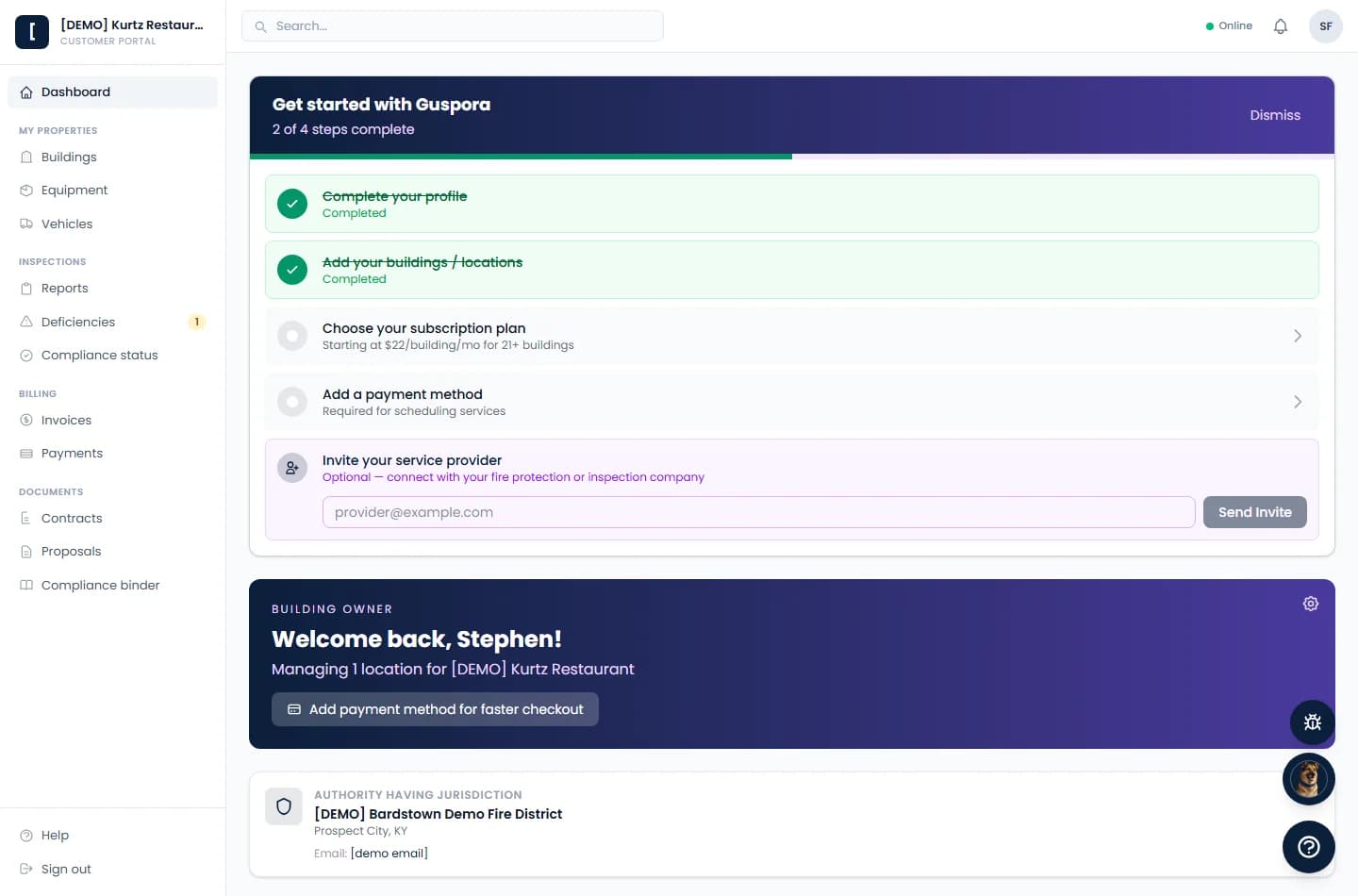 Guspora customer portal dashboard showing building owner compliance visibility
