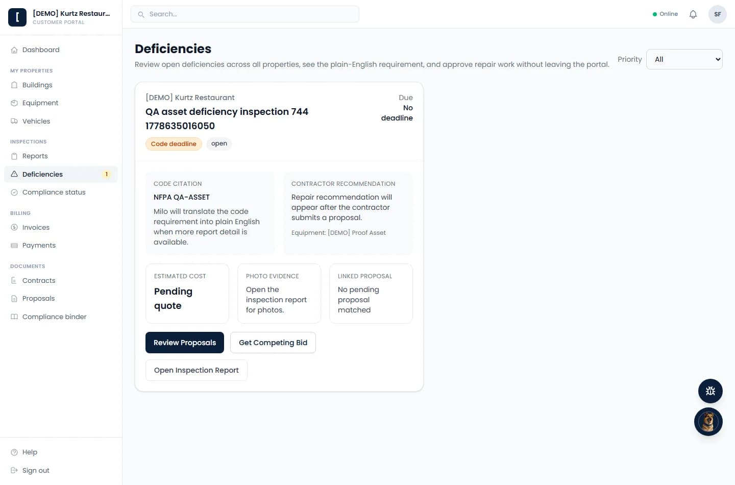 Guspora customer portal deficiency visibility screen