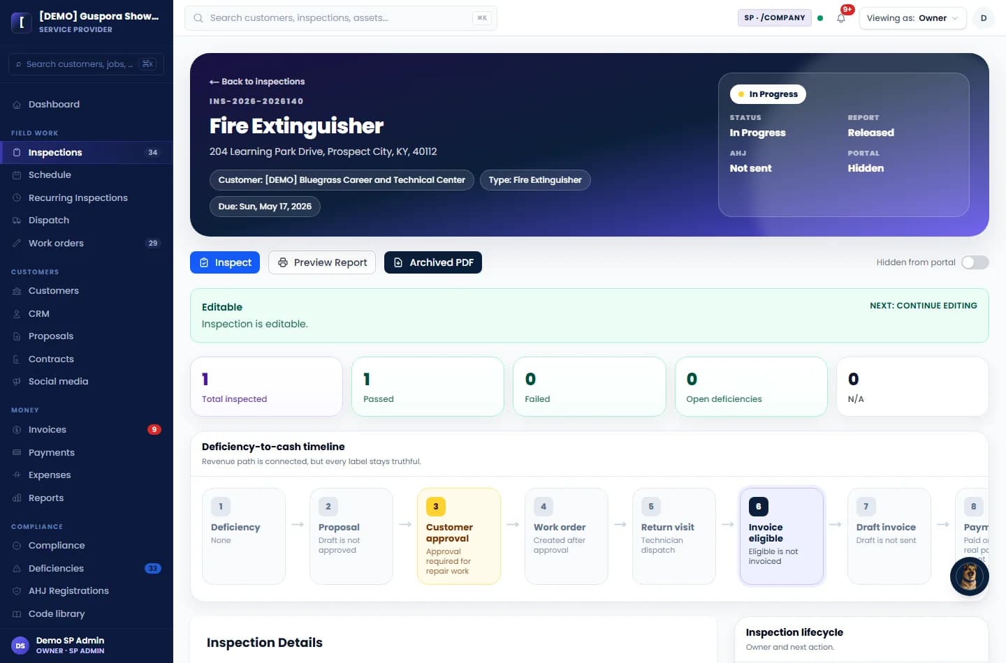 Guspora fire extinguisher asset detail with report-visible equipment fields