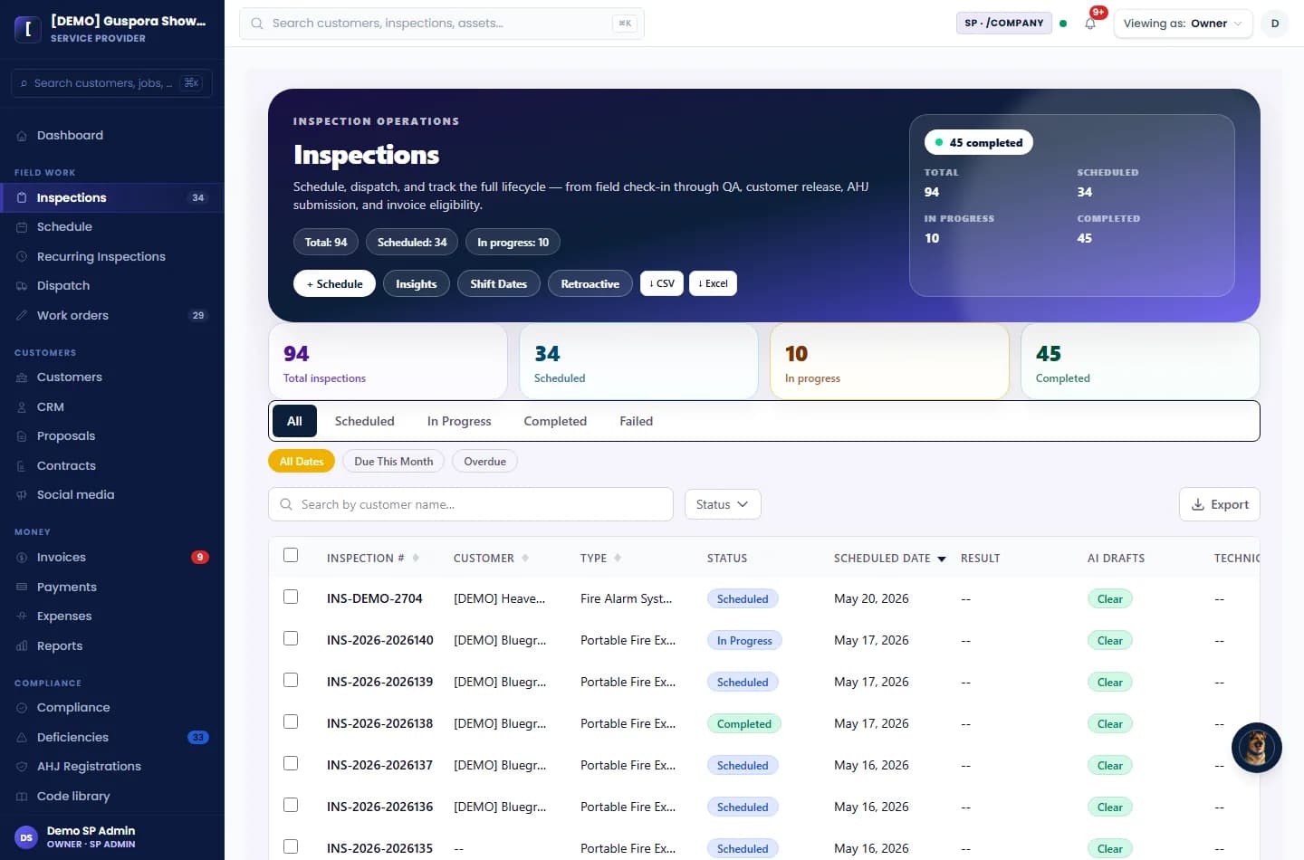 Guspora inspection list showing fire extinguisher inspection work in the company portal