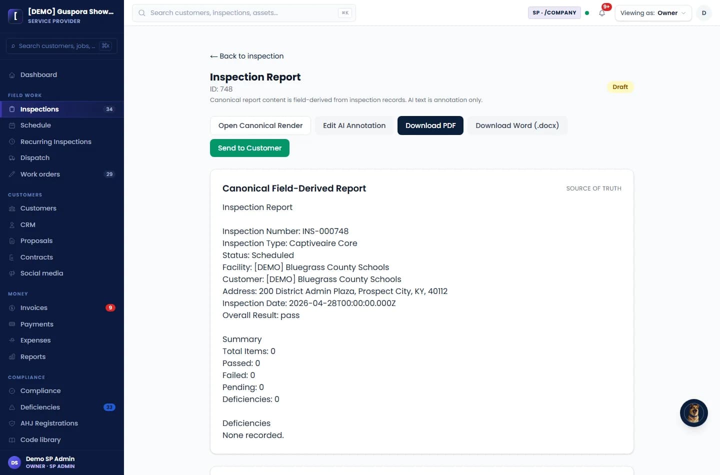 Guspora kitchen suppression inspection report preview