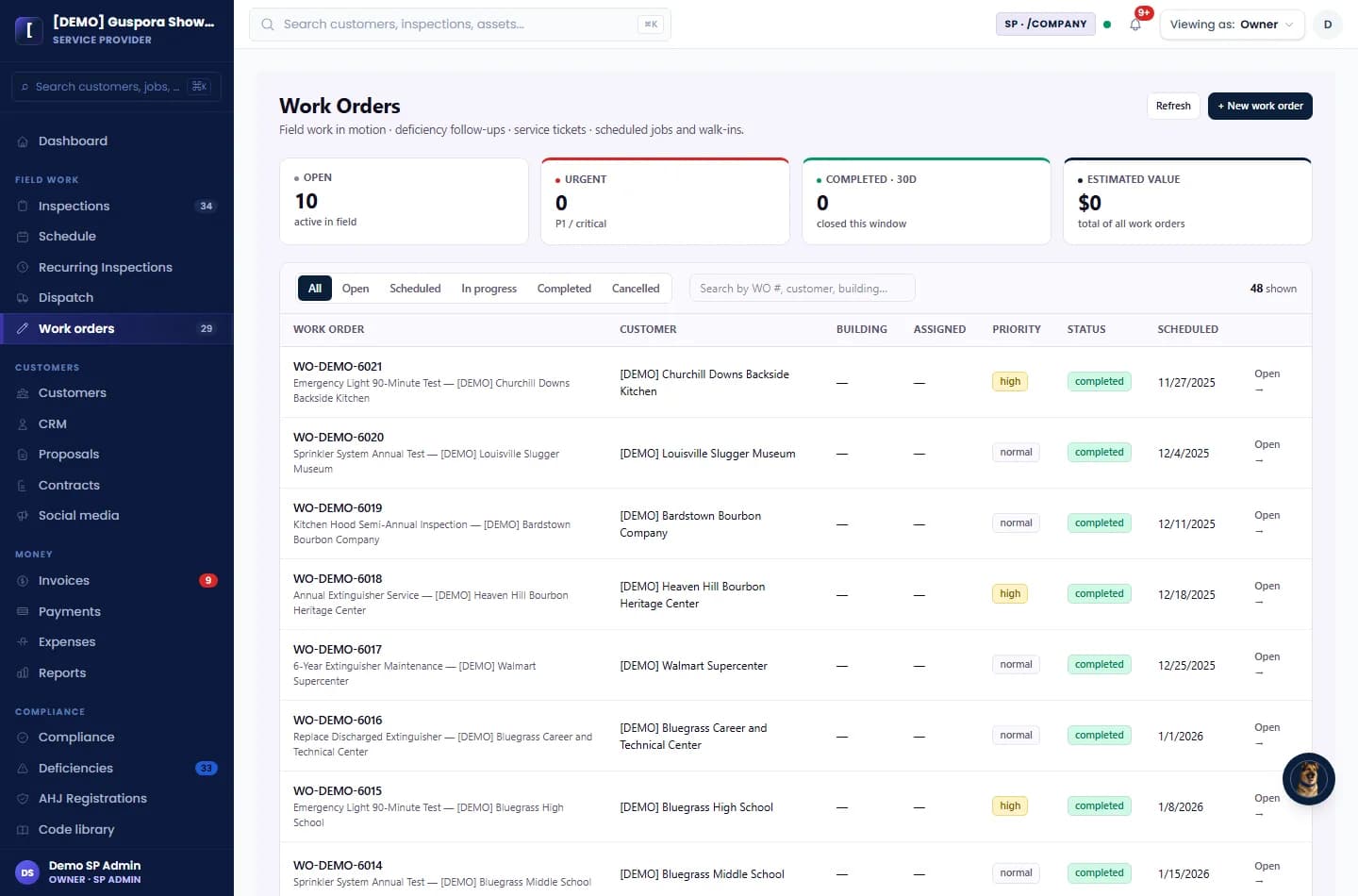 Guspora work order list with dispatch and service status columns