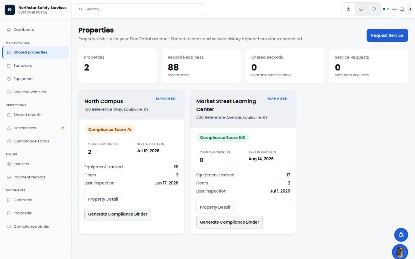 Sanitized Guspora property portal showing managed locations, compliance scores, equipment counts, deficiencies, and inspection dates