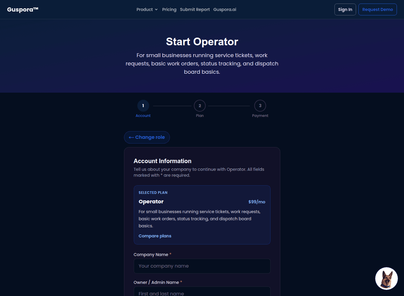 Guspora plan-aware signup screen showing the selected Operator plan before account creation