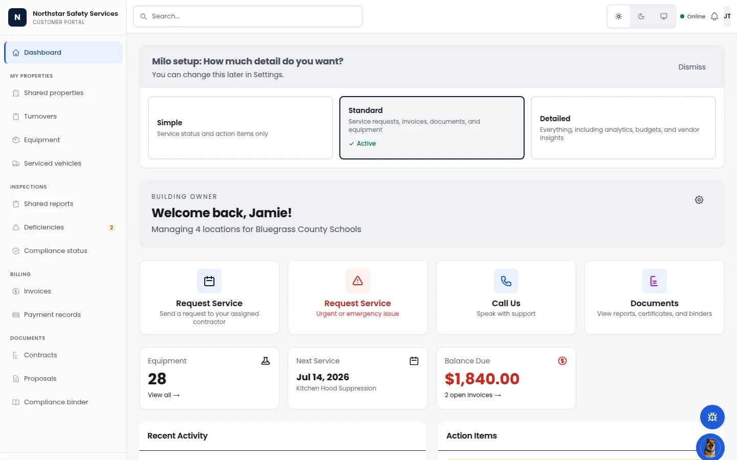 Sanitized Guspora customer portal dashboard showing scoped property, service, document, compliance, and action-item visibility