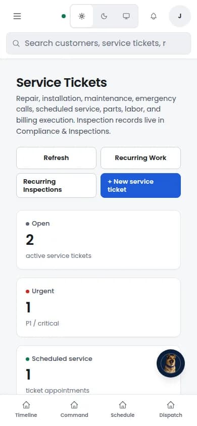 Sanitized mobile Guspora service-ticket workspace showing accessible actions, status cards, and bottom navigation